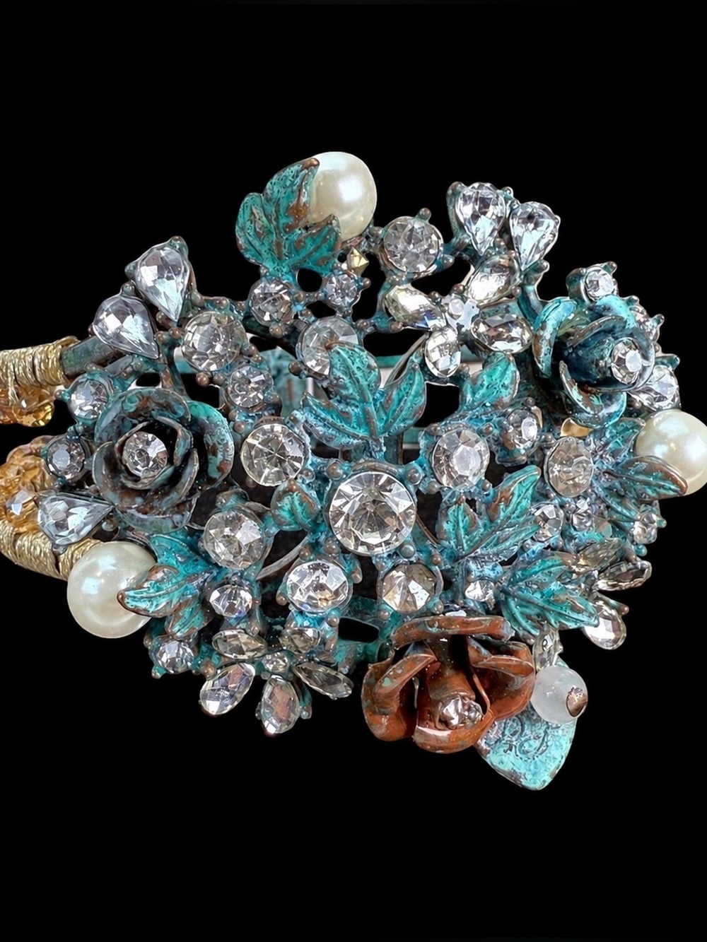 Beautiful vintage floral aged patina bling statement bracelet